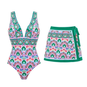 Women's deep V-neck one-piece swimsuit with bohemian print and matching wrap skirt