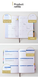 Detail view of 18-month planner refills showing monthly and weekly layout with water intake