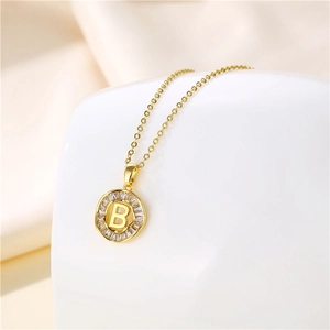 18K gold plated stainless steel necklace with round sparkling zircon letter B pendant