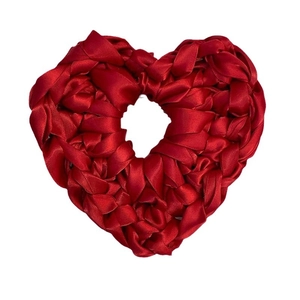 Elegant red satin woven heart scrunchie hair tie with premium texture on white background