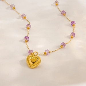 Handmade gold heart necklace with purple crystal beads and stainless steel chain