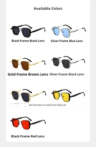 Steampunk sunglasses display featuring metallic square frames and various colored lenses