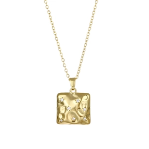 Minimalist gold stainless steel square lava pendant necklace with star zircon accent