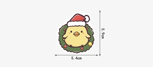 Detailed size view of cartoon Christmas chick sticker measuring 5.4cm by 5.9cm