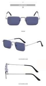 Three-angle views of rectangular silver gray sunglasses with metal frames and gray lenses