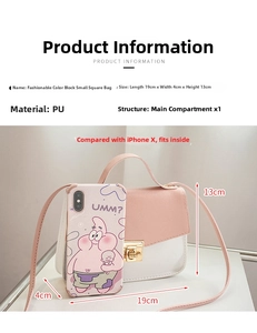 Detailed view of the small square bag showing the 19cm x 13cm size compared to a smartphone