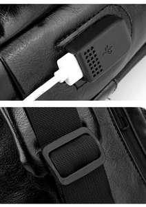 Detail of cross-body bag with external USB charging port and adjustable shoulder strap