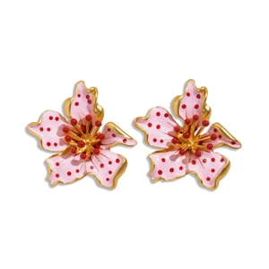 Elegant pink enamel flower stud earrings with red polka dots and gold finish