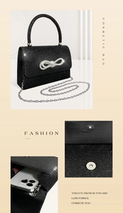 Detail of glitter evening bag with rhinestone bow and storage for phone and lipstick