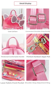 Detail view of pink cat ear backpack with laser sequins, metal buckles and padded handle