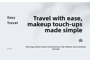 Minimalist travel bag promo text highlighting large capacity for toiletries storage