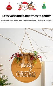 Detail of wooden Merry Christmas door sign with burlap bow, pine cones and red berries
