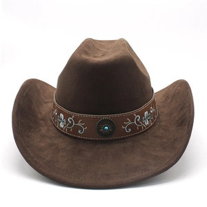 Vintage dark brown faux suede western cowboy hat with embroidered leather band