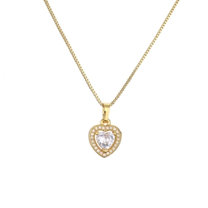Golden heart pendant necklace with large clear zircon stone on a sleek box chain