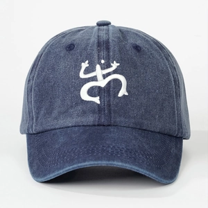 Navy blue washed denim baseball cap with white Coqui Taino frog embroidery detail