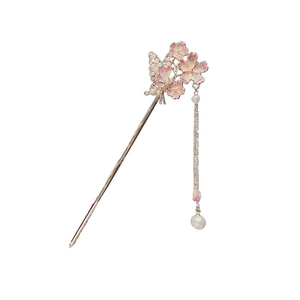 Traditional flower hair pin with pink pearls and tassels for Hanfu accessories