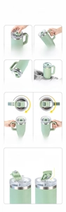 Detail of mint green insulated 40oz tumbler with leak-proof lid and ergonomic handle