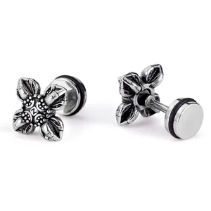 Vintage Stainless Steel Gothic Cross Vajra Stud Earrings Punk Distressed Silver Retro Earrings For Men Women Fashion Jewelry