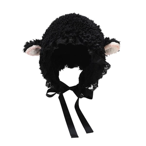 Cute black plush lamb ear bonnet hat with lace trim and ribbons for winter warmth