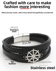 Detail of 21cm braided leather bracelet for men featuring a stainless steel rudder charm