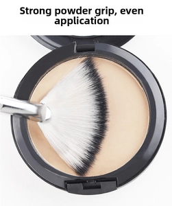 Macro shot of fan makeup brush capturing fine face powder with soft bicolored bristles