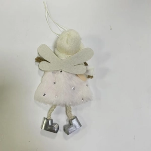 Detail of Christmas angel plush pendant with white faux fur dress and silver glitter boots