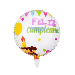 Close-up of 18-inch round foil balloon with Feliz Cumpleaños Spanish birthday greeting