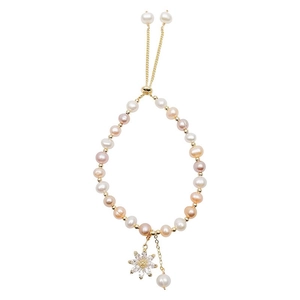 Elegant freshwater pearl bracelet with zircon flower pendant and gold-plated chain