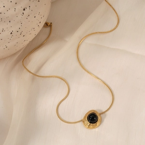 Elegant 316 stainless steel gold snake chain necklace with oval black onyx pendant