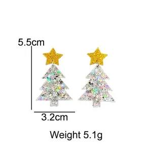 Iridescent Christmas tree earrings with gold glitter star, size 5.5cm x 3.2cm, 5.1g weight