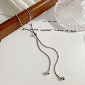 Silver snake chain sweater necklace with adjustable slider and spherical pendants