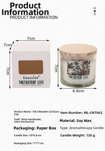 Detail showing soy wax candle in glass jar with wooden lid and white gift box packaging