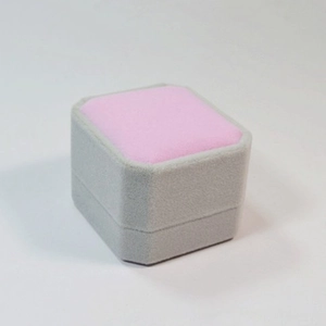Elegant square velvet jewelry box in grey and pink for rings and small earrings