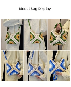 Detail of handmade crochet sunflower bag featuring a pearl clasp and woven strap texture