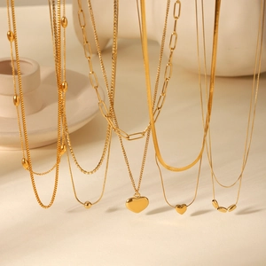 Elegant 18K gold plated multi-layer stainless steel necklace set with heart pendant charm