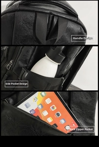Dettaglio dello zaino in pelle PU nera con tasche laterali e tasca posteriore con zip