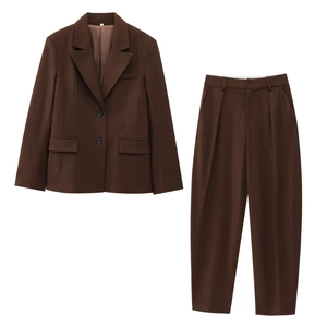 Three-piece dark brown suit for women featuring a single-breasted blazer and trousers