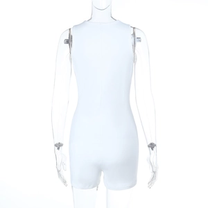 Detailed back view of a white lace hook sleeveless compression athletic romper jumpsuit
