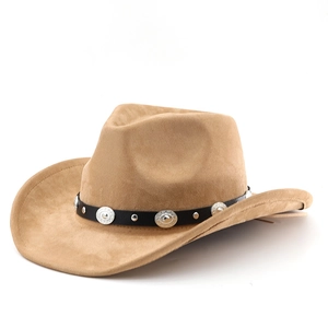 Classic camel faux suede western cowboy hat with black leather band and silver studs