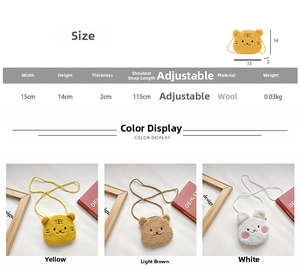 Size chart showing 15x14cm plush cartoon crossbody bags in yellow, brown, and white