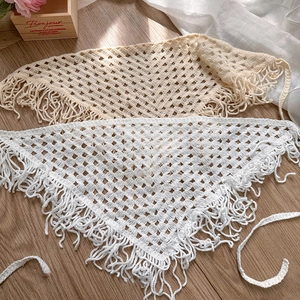 Handmade crochet hollow triangle headscarf set with fringe edge in beige and white