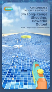 Water gun for kids with 8-meter range shown in a bright outdoor swimming pool setting