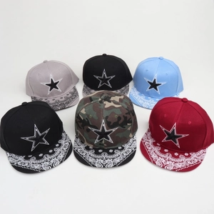 Flat brim snapback hats with paisley pattern brim and embroidered five-point star design