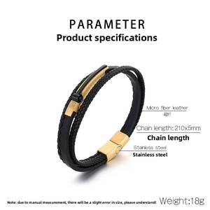 Close-up of multilayer braided leather bracelet with magnetic gold clasp and dimensions