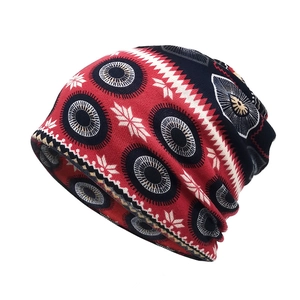 Ethnic style knitted beanie with geometric pattern in red and black for autumn and winter