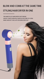 Model showing 5-in-1 hair dryer and styling brush for simultaneous blowing and combing