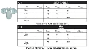 Detailed size chart for the off-shoulder puff sleeve dress showing bust and waist data