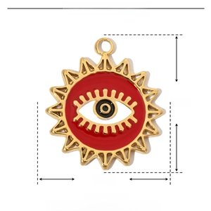 Detail view of red enamel evil eye pendant in stainless steel with exact measurements