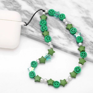 Bohemian beaded phone lanyard with green smiley face, stars and faux pearls