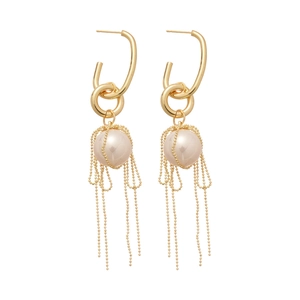 French vintage pearl drop earrings with gold fringe tassels and elegant U-shape hooks